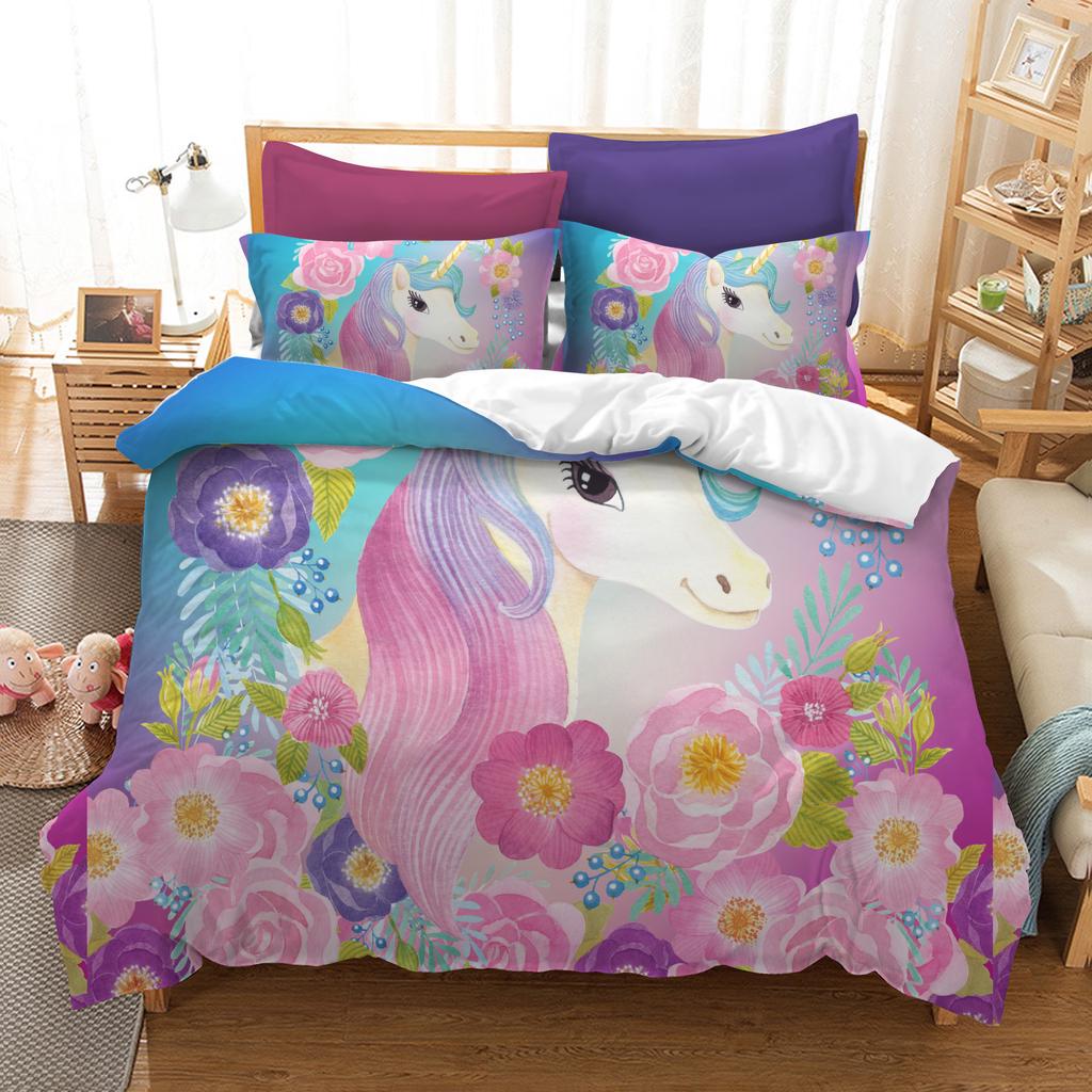 Printed 3d Cartoon Forest Unicorn Bedding Set 3 Pcs Duvet Cover Sets Universe Queen King Quilt Cover BedLinen Bedspread Bedset B