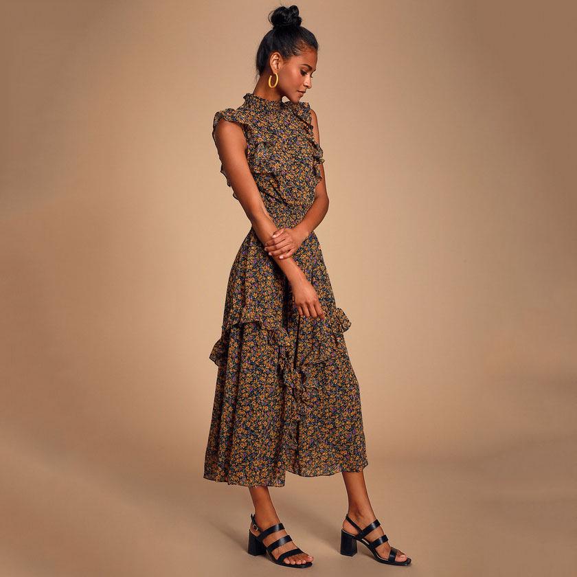 2023 Retro Floral Print Sleeveless Ruffle Dress for Women