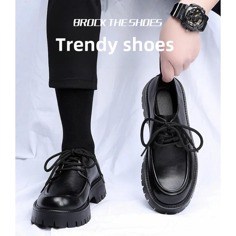 Spring  New Trendy Men's Shoes Breathable Casual Shoes Thick Sole British Business Men's Large Head Leather Genuine Leather