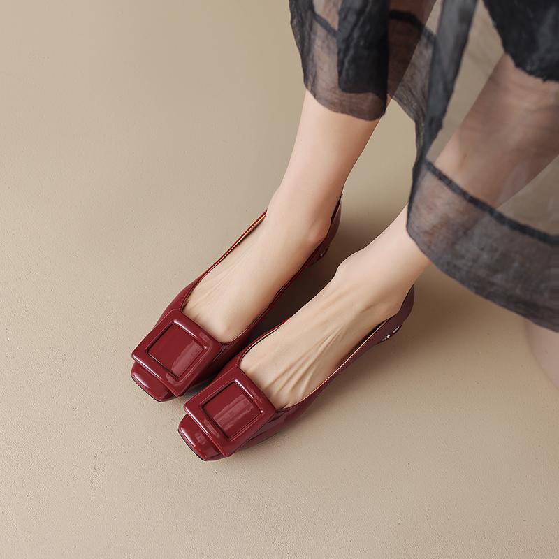 Fashion 2024 Spring Women Pumps Genuine Leather Shoes for Women Square Toe Chunky Heel Women Shoes Shallow Square button Single Shoes