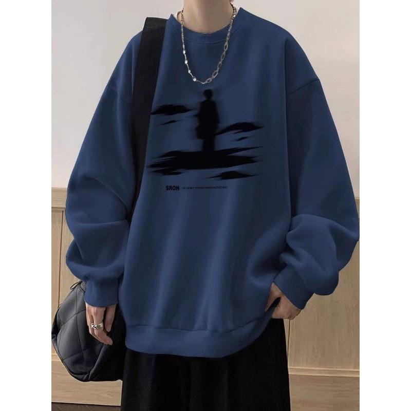 Men's American Retro Fleece-Lined Round Neck Sweatshirt, Heavyweight Cotton Casual Loose Top for Autumn/Winter.
