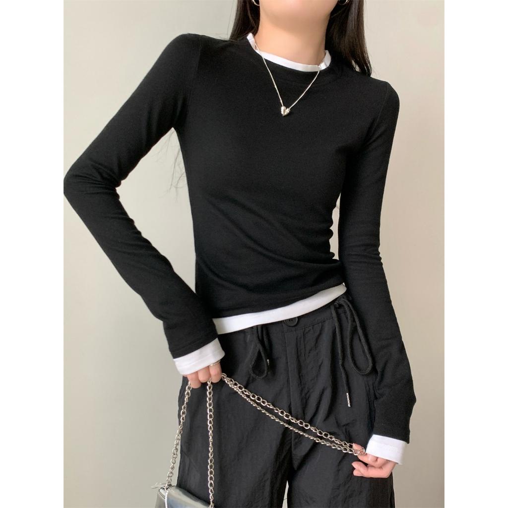 Design Sense Tricouri cu mânecă lungă slim fit două piese false pentru femei, toamnă gât rotund pulover versatil