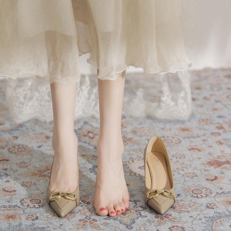 Metal buckle 7cm high heels women's new leather pointed head shallow mouth stiletto single shoes not tired feet women's shoes