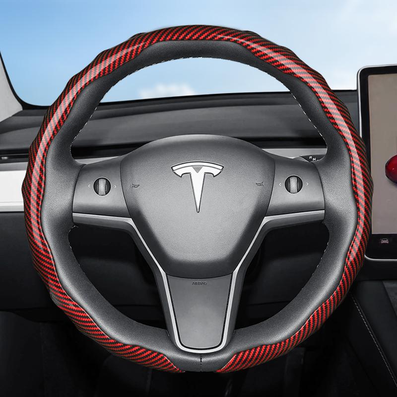Suitable for Tesla Carbon Fiber Texture Steering Wheel Cover, Snap-On Wave-Shaped Sporty Design, Durable Protective Case Suitable for Model 3 Y S X