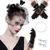 Vintage Fascinator Headwear Set Feathered Flower Hair Clip Lace Gloves Cocktails Party Costume Set for 1920s Theme Party