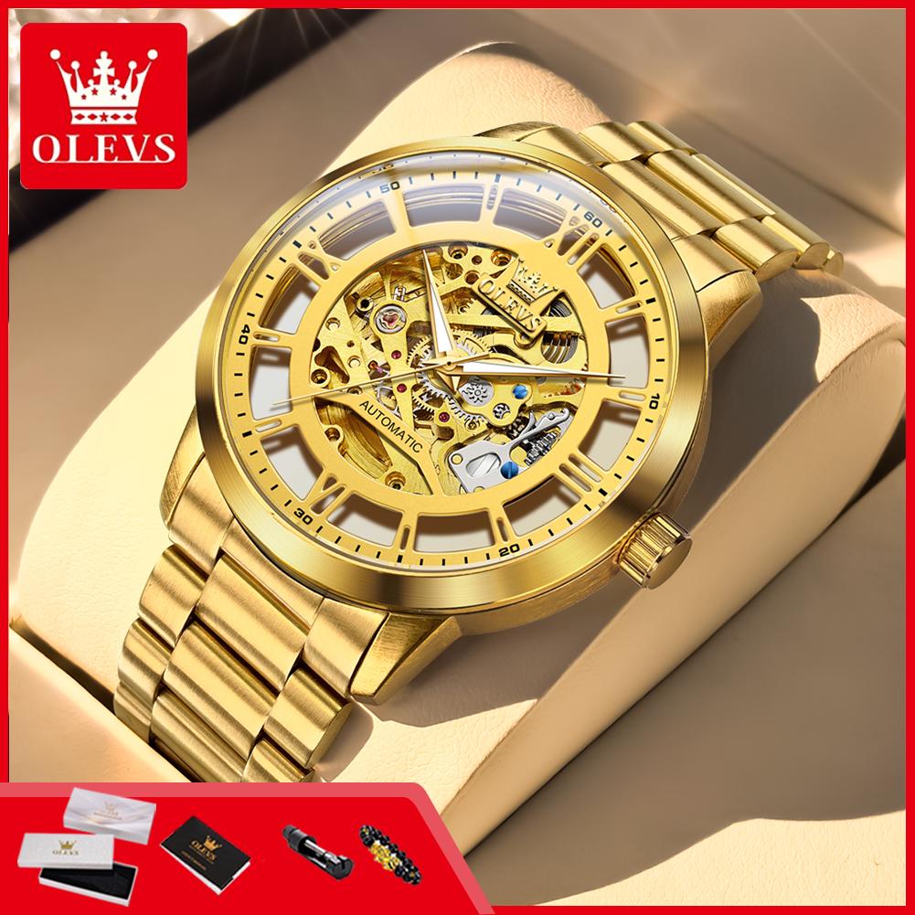 OLEVS 6728 Luxury Wristwatches For Man Luminous Skeleton Stainless Steel Strap Men's Sport Automatic Mechanical Men's Watches