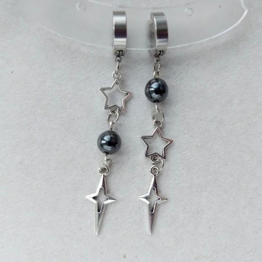 Gothic Punk Silver Color Asymmetrical Black Round Bead Hollowed-out Star Dangle Earrings for Girl Halloween Hip-hop Rock Jewelry