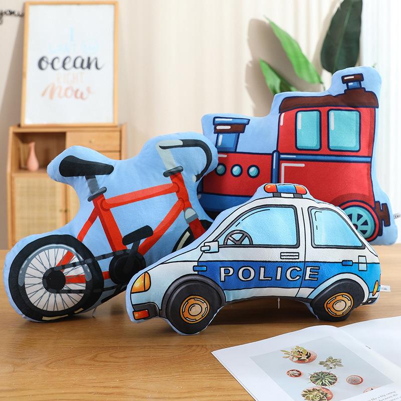 Cartoon Police Car Fire Truck Throw Pillow Plush Toy Doll Excavator Train Doll Home Pillow Doll