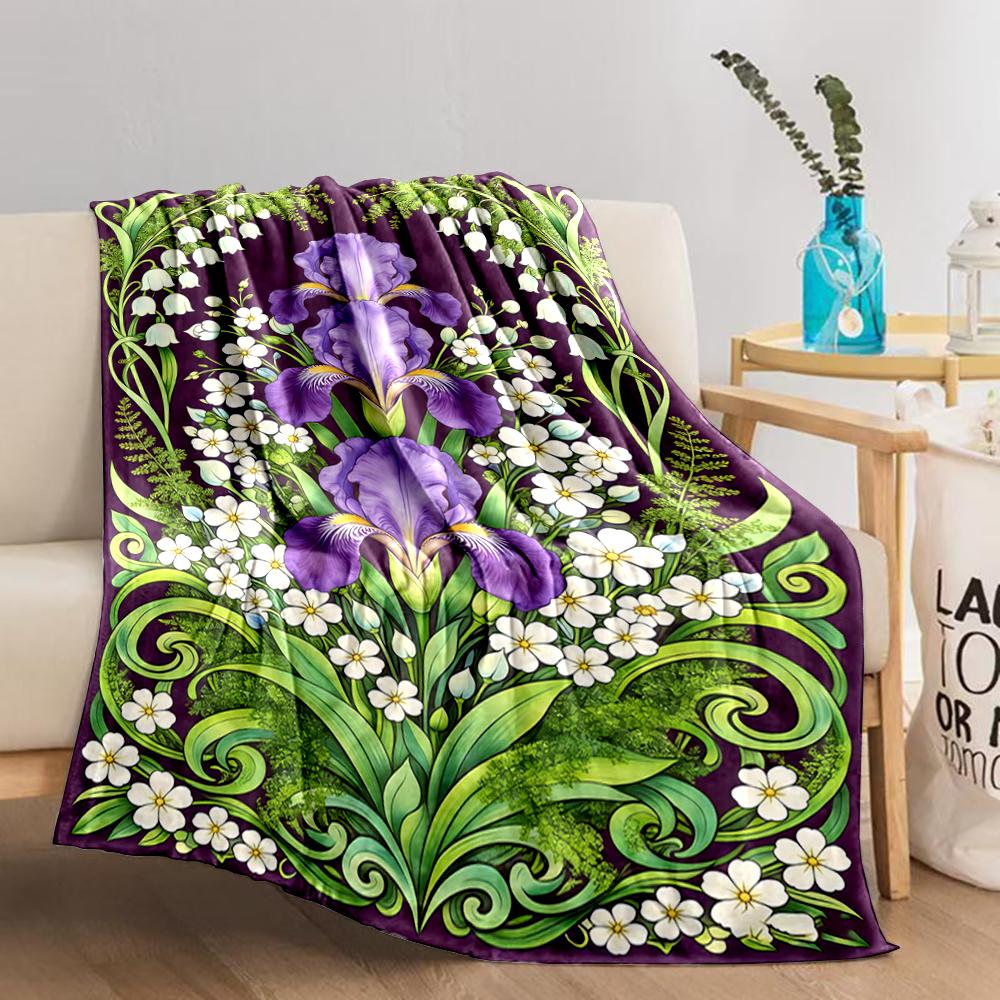 Floral Pattern Blanket with Purple Irises and Green Leaves Decor Blanket, Suitable for Use In the Bedroom, Living Room, On the Sofa