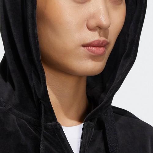 adidas Velour Jkt Long-Sleeve Hooded Zip-Up Jacket Plush Coat Women's Black