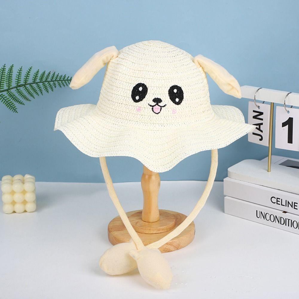 Sunscreen Rabbit Ear Sunshade Straw Hat Ear Moving Children Straw Hat Bunny Sunshade Hat  Kids