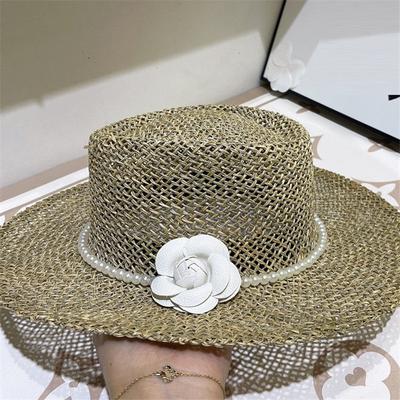 Sombrero de Paja Natural Trenzada Salada Cadena de Perlas Camelia para Dama Sombrero Panama Jazz de Ocio para Mujer