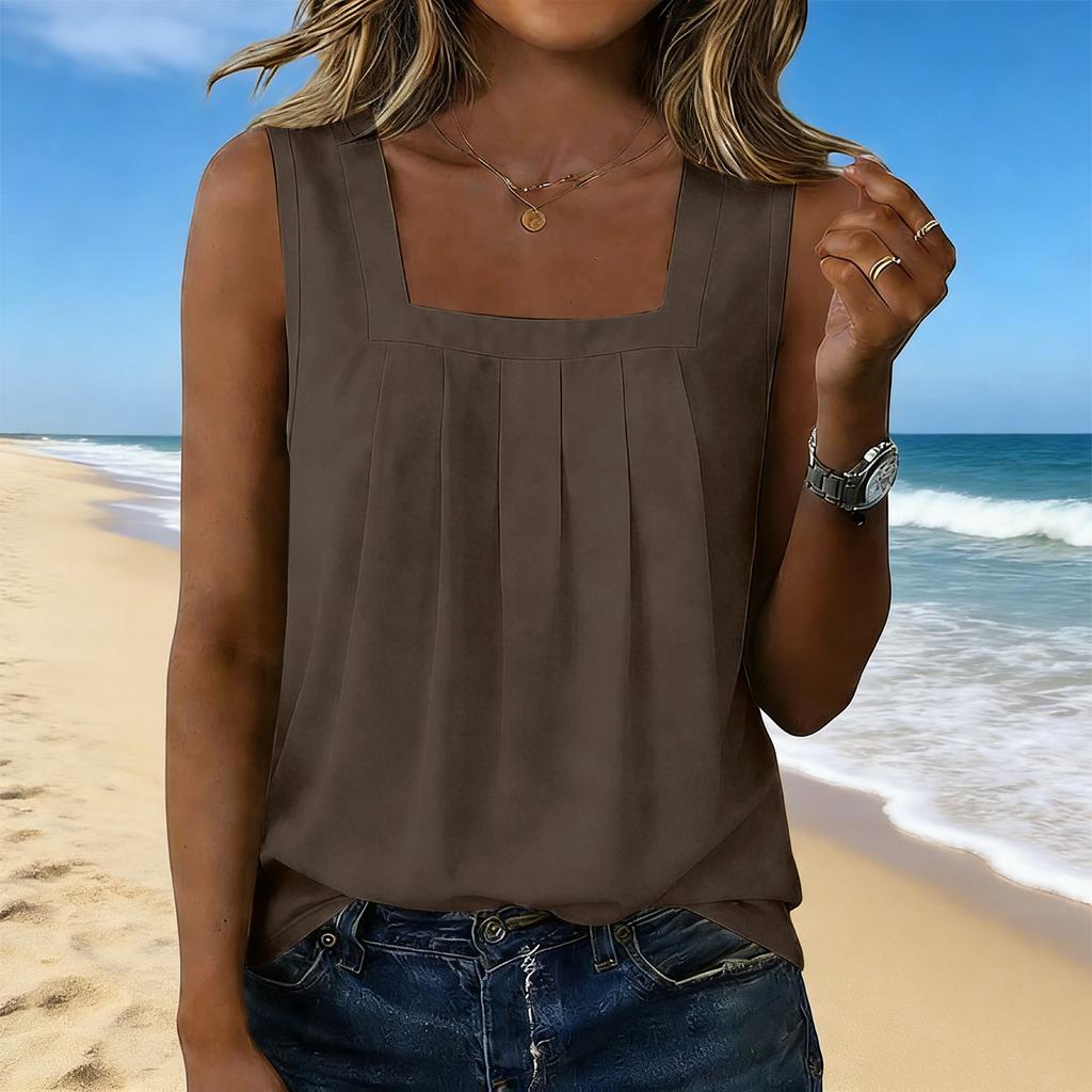 Women’s Square Neck Pleated Tank Top Sleeveless Casual Blouse Loose Fit Lightweight Pullover Shirt for Daily Wear
