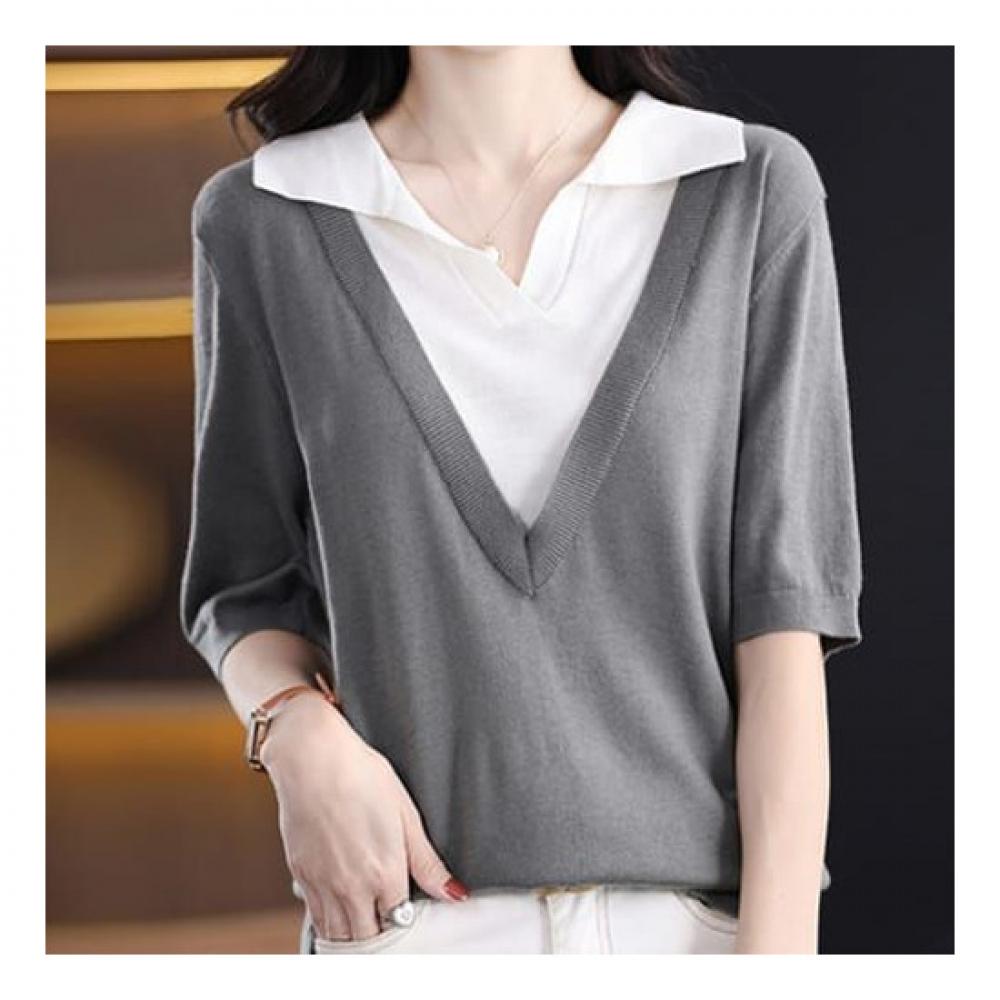 NaVaVa Soft Two In One V Neck Collar Short sleeVe Knit Tee Nk1400