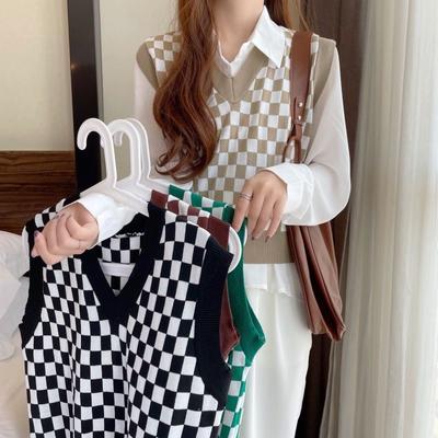 Spring Pullover Vest Sleeveless Sweater Top 2023 Casual Loose and Slim V-neck Plaid Sleeveless Knitted Sweater Vest for Women