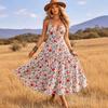 Women Boho Maxi Dress Floral Print Spaghetti Strap V Neck Blackless Summer Beach Vacation Dress