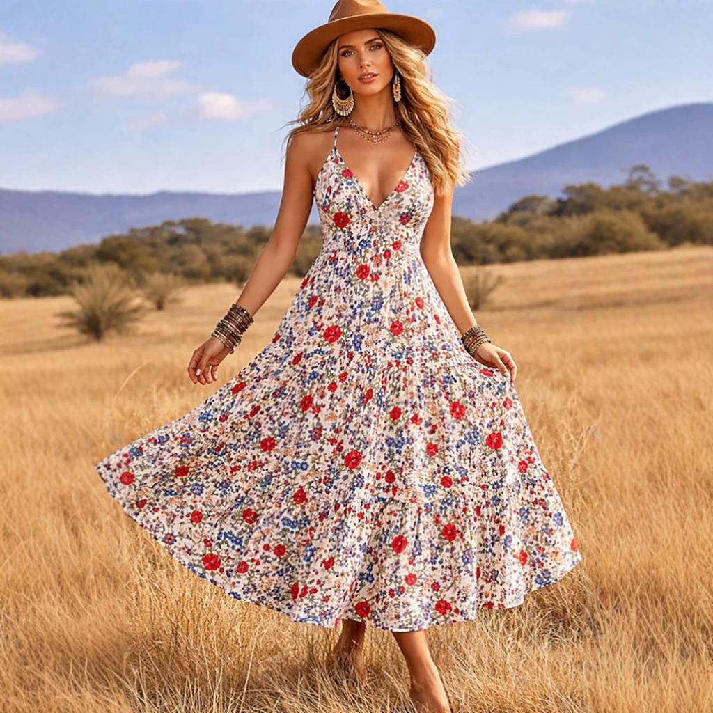 Women Boho Maxi Dress Floral Print Spaghetti Strap V Neck Blackless Summer Beach Vacation Dress