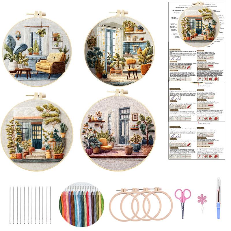 1 Set Cafe Garden Themed Embroidery Kit, Including Tools and Stitch Tutorials Suitable for Beginners, Embroidery Fabric Material Kit Cotton Linen