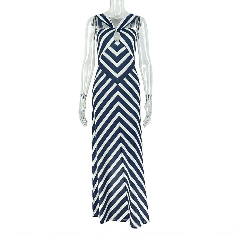 Women Chevron Striped Print Halter Neck Maxi Dress Elegant Sleeveless Evening Party Gown S