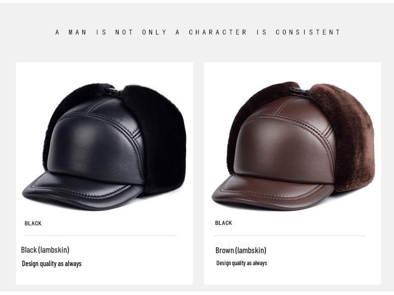 Men's Genuine Leather Winter Hat - Lei Feng Style with Ear Protection, Warm Cotton Lining for Middle-Aged and Elderly