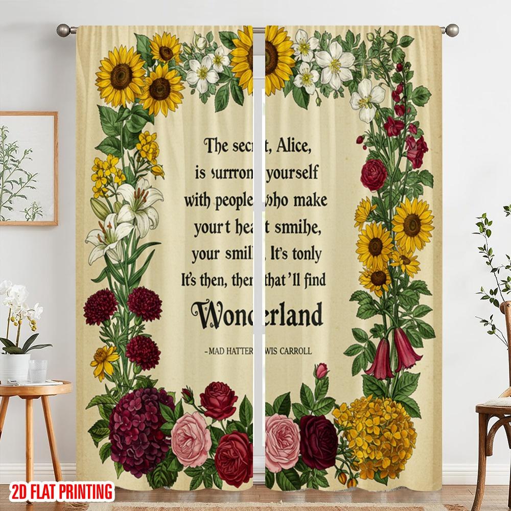 2pcs 2D Flat Printing Curtain Mad Hatter Wonderland Quote Floral Polyester Without Electricity Festive Holiday Perfect for
