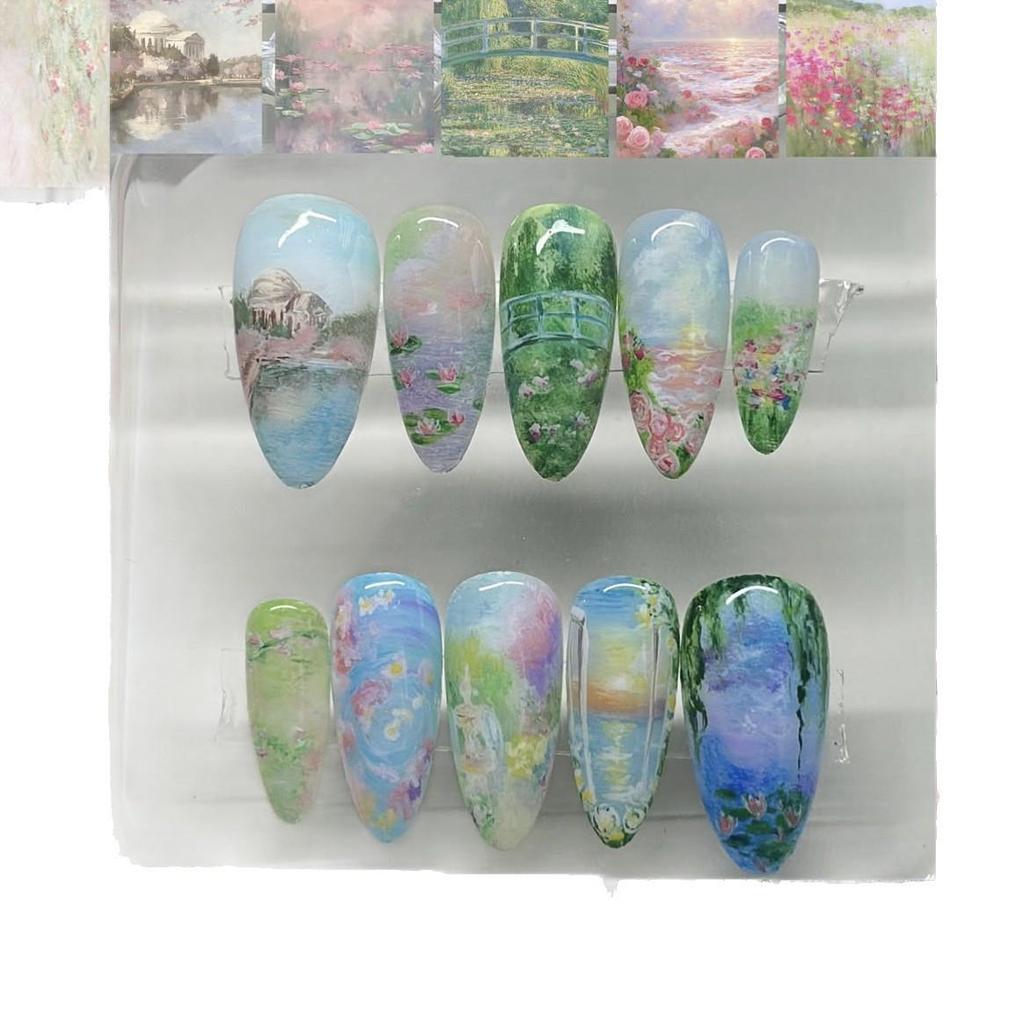 Monet Garden Almond Oil Painting Floral False Nails - 24 Pieces Wearable Nail Tips
