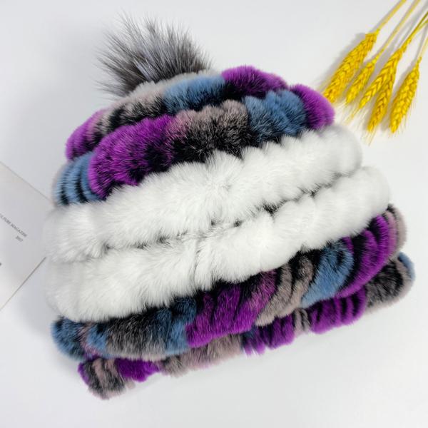 Heißer Kaninchen Fell Pompon Hüte Frauen Winter Flauschigen Warme Gestrickte Elastische Mützen Fuchs Echtpelz Stricken Hut Weiche Elastische Gestreiften Skullies
