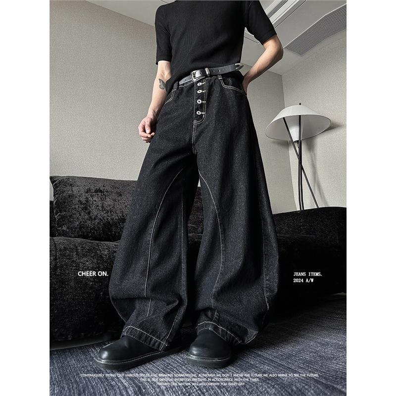 American high street vibe wind-breasted black straight jeans men's summer design wide-leg pants scimitar pants