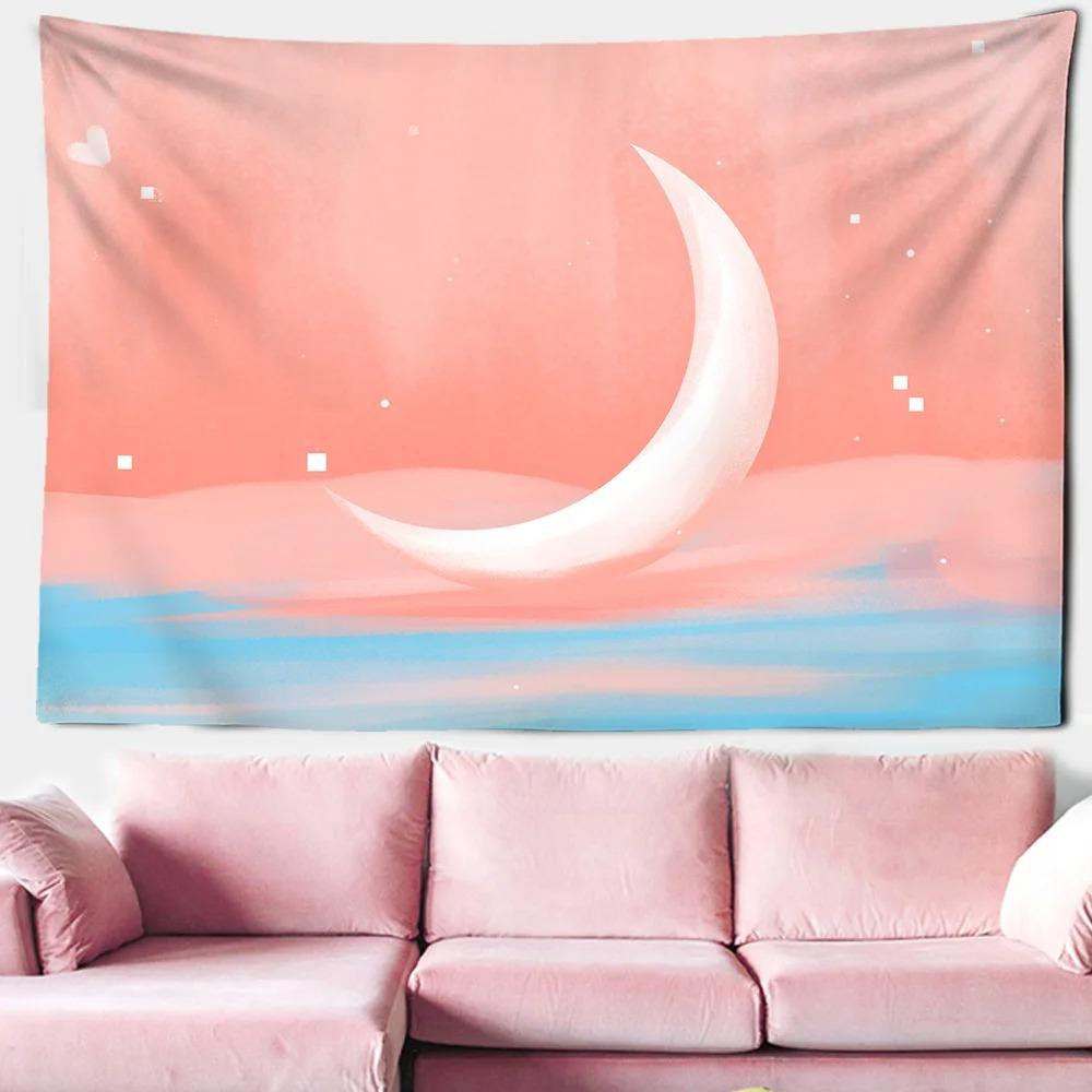 Pink Cloud Moon Starry Sky Hanging Cloth Office Living Room Tapestry Home Wall Decoration Tapestry