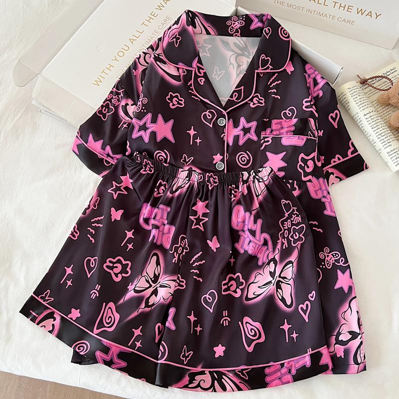 Sweet And Cool Girl Ice Silk Pajamas Women'S Summer Butterfly Print Short-Sleeved Loose Loungewear Set