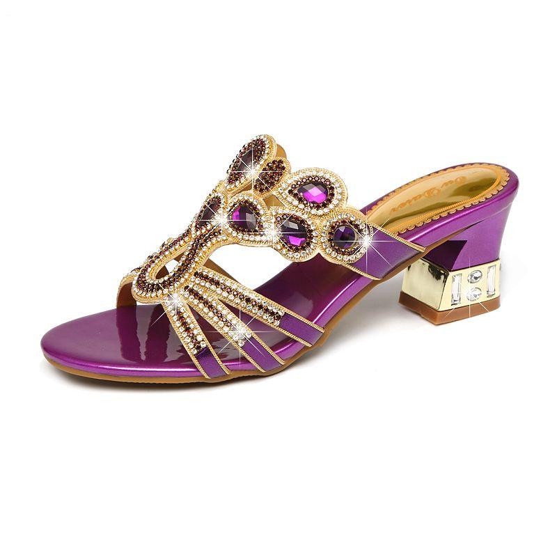 Neue Damen Sandalen Dicker Absatz Mit Diamanten Eingelegt Ledersandalen Sexy Offene Zehen Hoher Absatz Sommer Strandschuhe