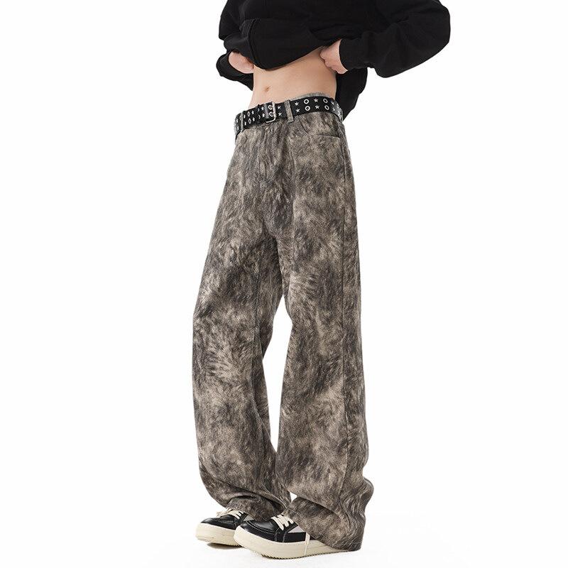 Джинсы JYL Мужские Камуфляжные Тай-дай Винтажные Прямые Джинсовые Брюки на Эластичной Талии L ализарин красный