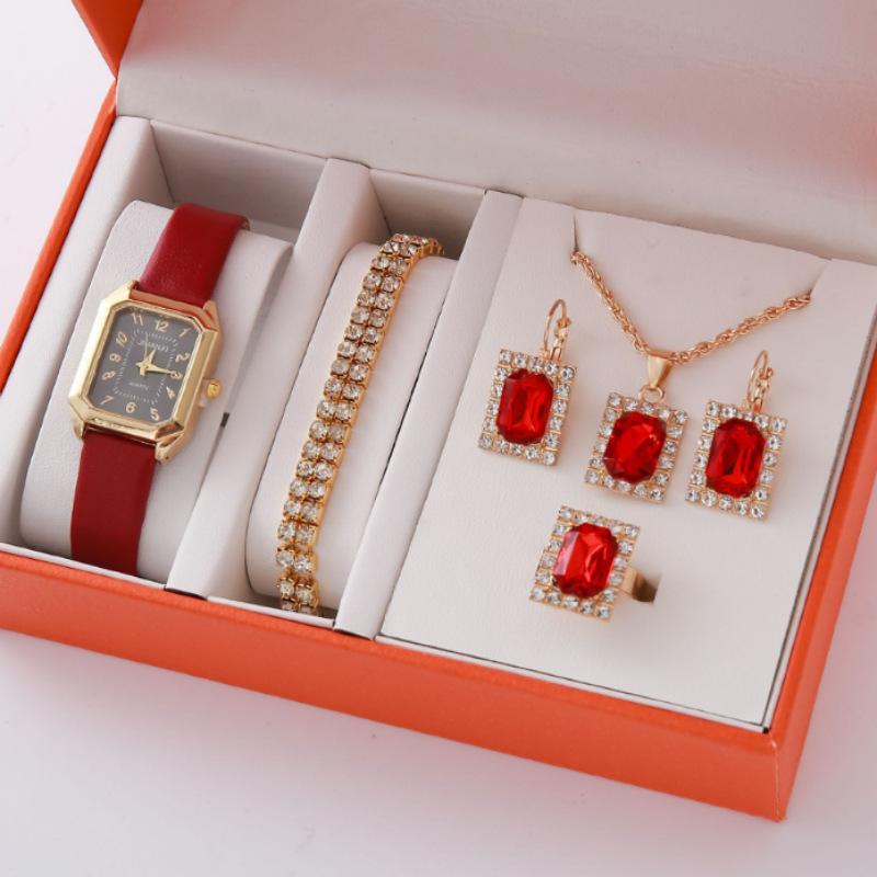 New Casual Fashion Leather Women'S Business Square Quartz Watch Korean Version Of Rhinestone Jewelry Set Watch