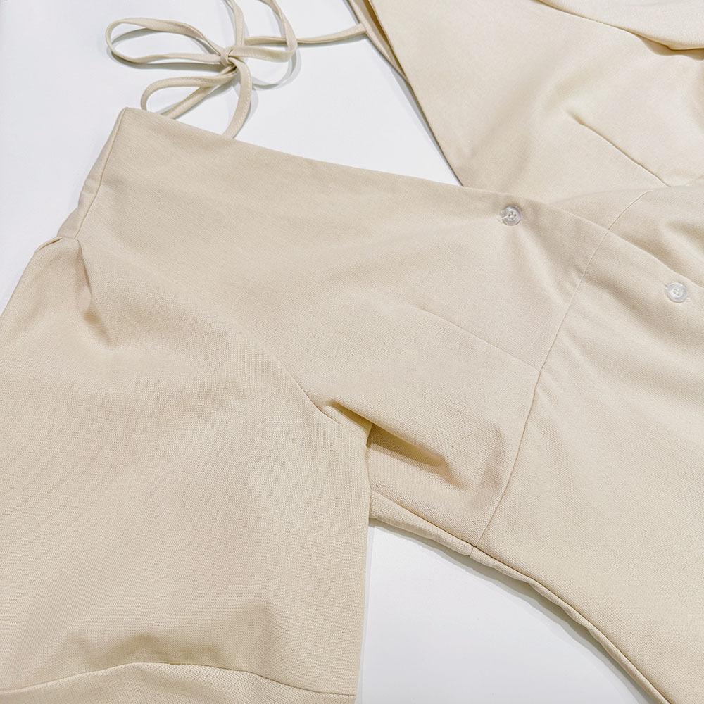 Simple Linen V-neck Puff Sleeve Backless Tie Dress Spring and Autumn Long Dress