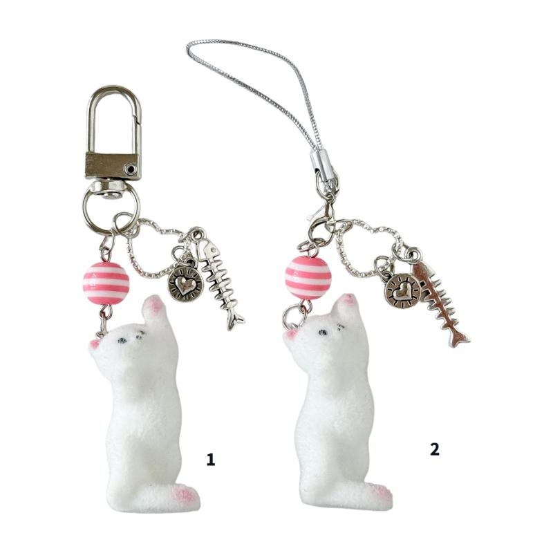 Lovely Cats Flock Design Soft Resin Keychain Phone Charm for Keys Stylish Sturdy Accessory
