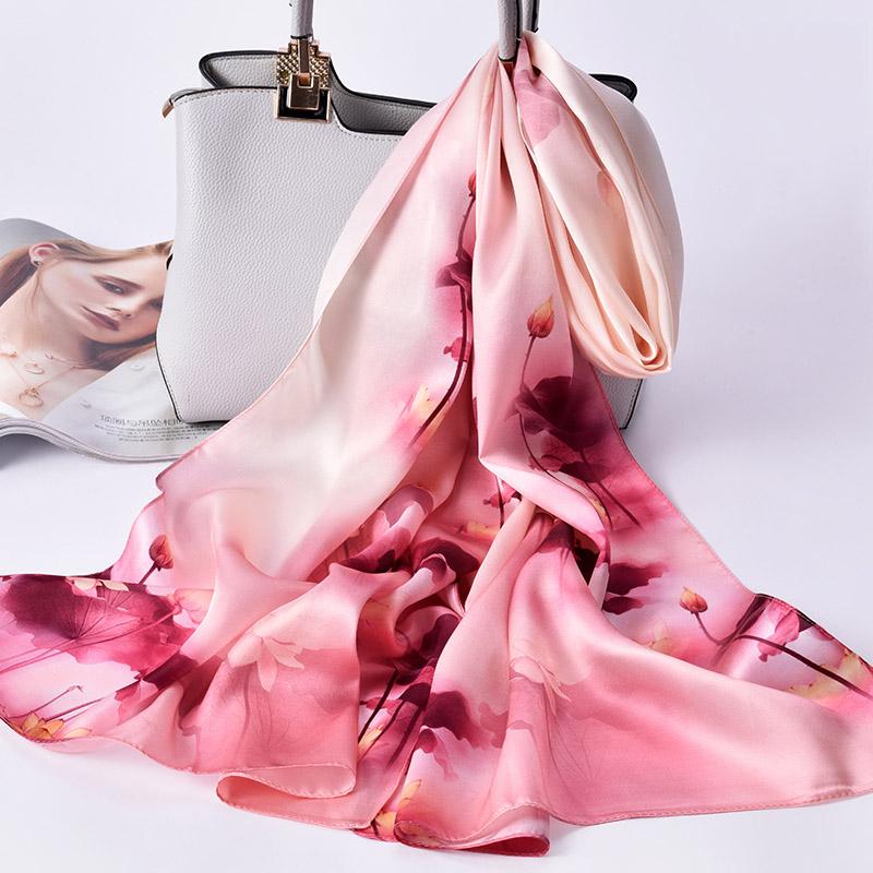 Women 100% Real Silk Long Scarf Luxury Flower Print Chinese Silk Headband Scarves  Natural Silk Shawls Wraps Foulard Femme