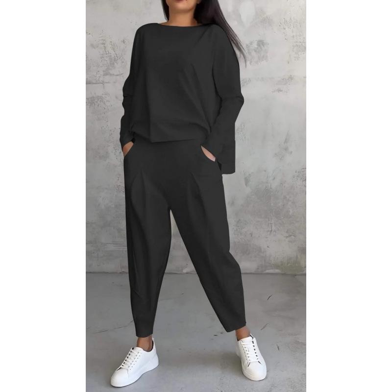 2026 Solid Color Round Neck Women's Clothing Set - Long Sleeve Top & Pocket Pants