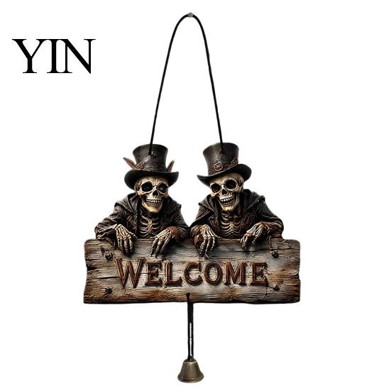 Rustic Skull Wall Decor Halloween Wooden Welcome Hanging Sign, Vintage Farmhouse Door Hanger with Skeleton Pumpkin Country Style Holiday Ornament
