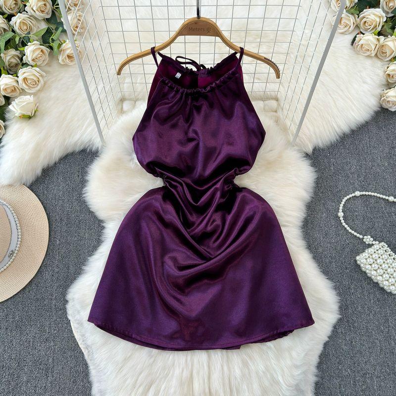 

Summer 2023 New Arrival American Retro Anti-Aging Sexy Midriff Outfit Slim Looking Niche Design Halterneck Ruched Dress Purple L
