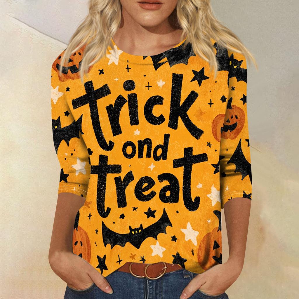 Women Casual Round Neck Halloween Print T Shirt Three Quarter Sleeve Top Lightweight Comfortable Fit Seasonal Graphic Tee