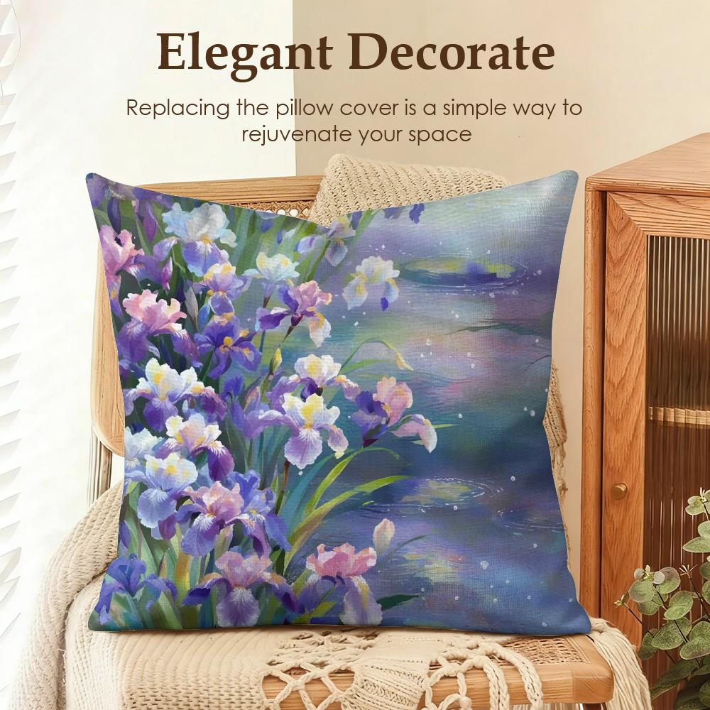 Flowers Iris Cushion Cover Natural Linen Organic Fabric DoubleSided Printing Sofa Home Decor Gift Pillow Case