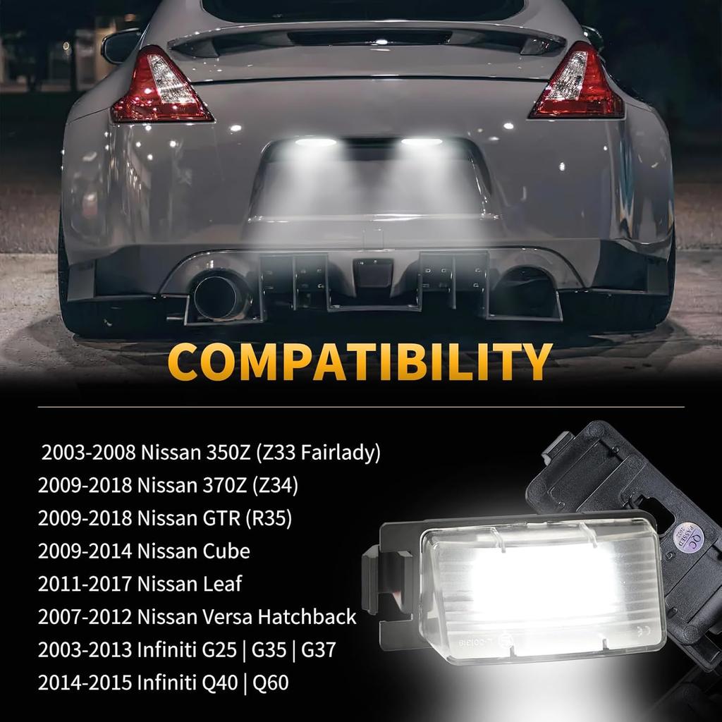 LED License Plate Light For N'issan 350Z 370Z GT-R Versa Cube Leaf & I'nfiniti G25 G35 G37 Q40 Q60 Tag Lamp Assembly, 6000K White 2PCS