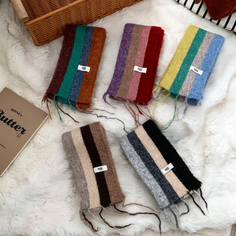 Korean Stylish Rainbow Striped Fringed Knitted Scarf Women Winter Neck Warm Female Scarves Fashion Narrow Long Muffler Female