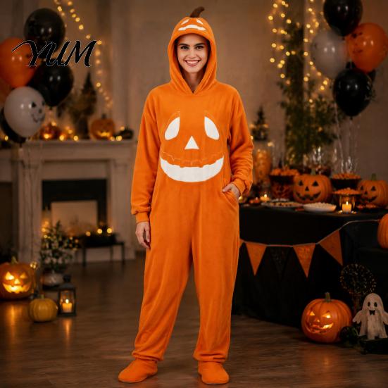 Funny Cosplay Romper Halloween Pumpkin Onesie Pajamas, Adult Jumpsuit with Happy Plush Fleece Homewear Face, Soft Hooded Costume for Party Night,