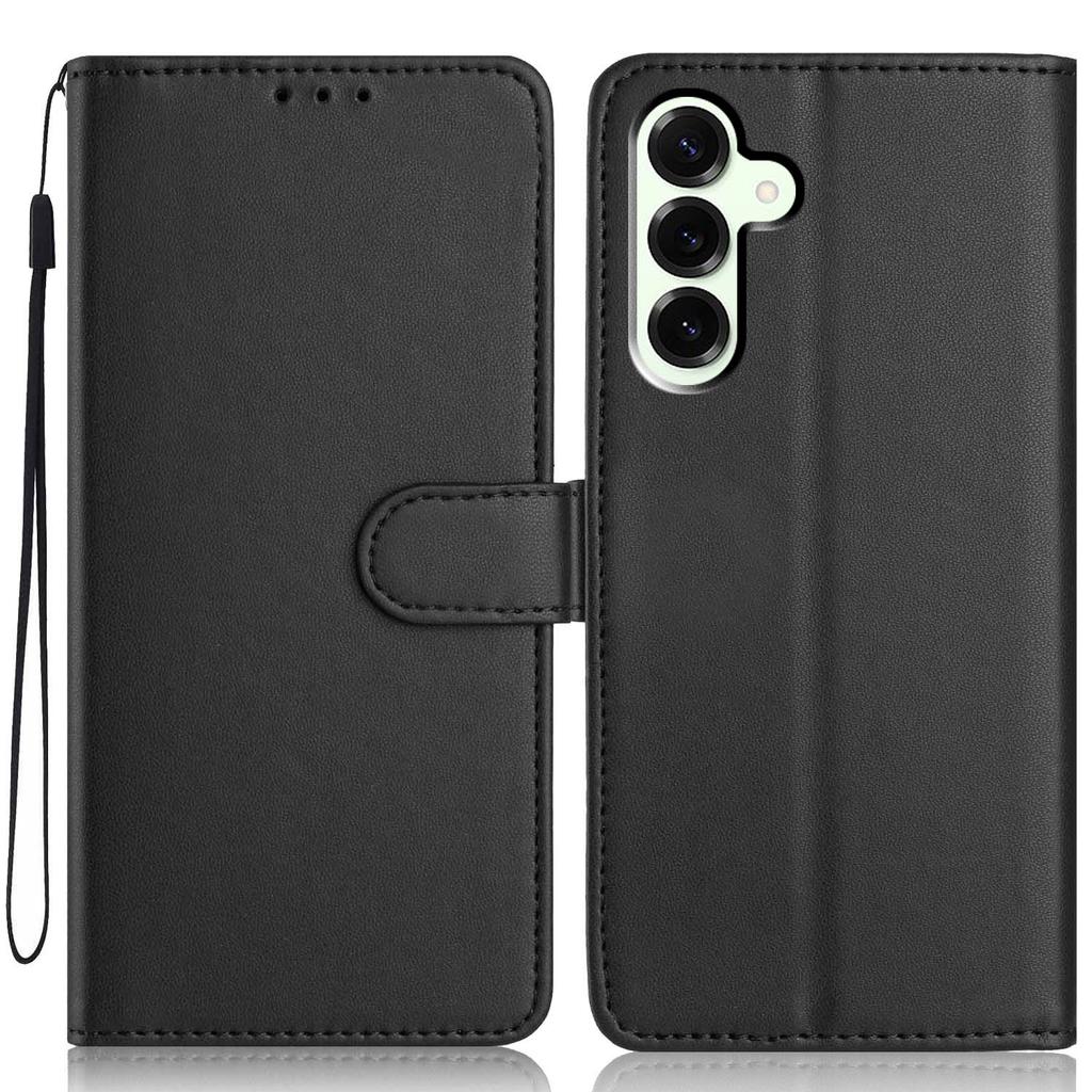 For Samsung Galaxy S25+ Wallet Case with Strap/Multiple Card Slots Solid Color Leather Stand Phone Cover