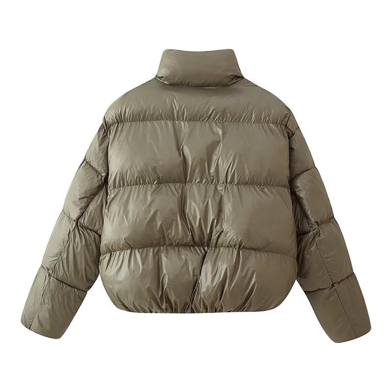 Womens Short Puffer Coat With Button Streetwear Winter Jacket Regular Fit Solid Color