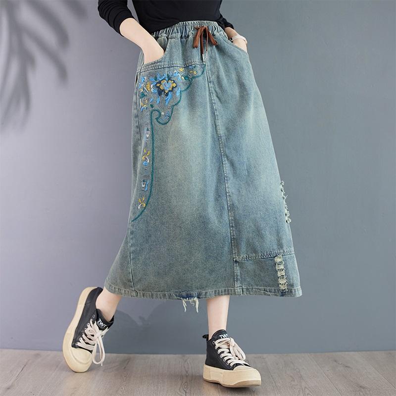 Denim Plus Size High Waist Vintage Embroidery Spring Autumn Casual Loose Long for Woman Skirts Womens Skirt
