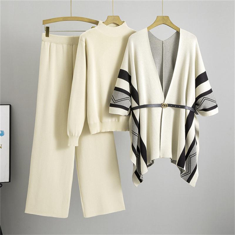 

Женский осенне-зимний модный комплект из трех предметов Свободный повседневный вязаный кардиган-шаль Свитер с высоким воротником Брюки с широкими штанинами One Size