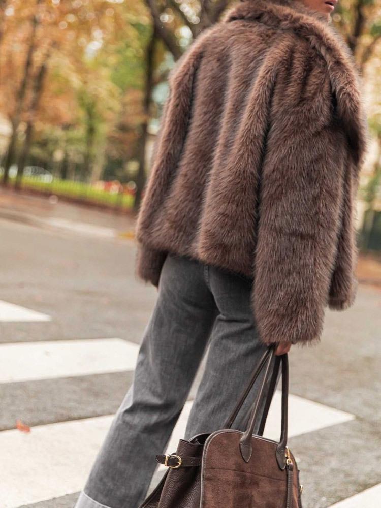 Kaffee Plüsch Kunstpelzmantel mit großem Revers - Warm, modisch, lockere Passform für Herbst/Winter