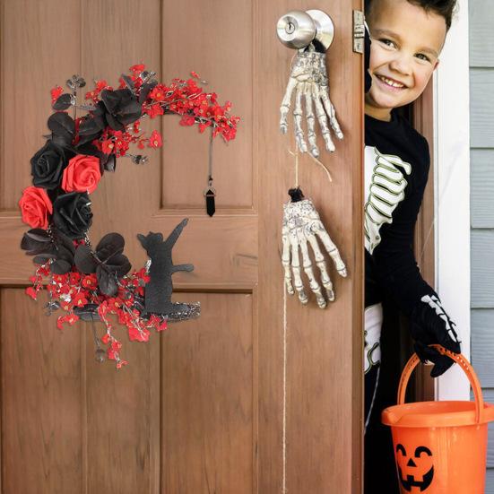 Halloween Moon Cat Wreath for Front Door Crescent Moon Wreath Sign with Artificial Rose Flowers for Gothic Home Decoration